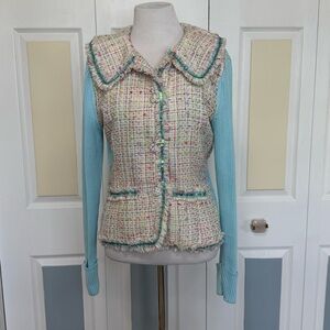 Berek Women’s Cream and Blue Knit and Woven Blazer with Elegant Tweed Design M